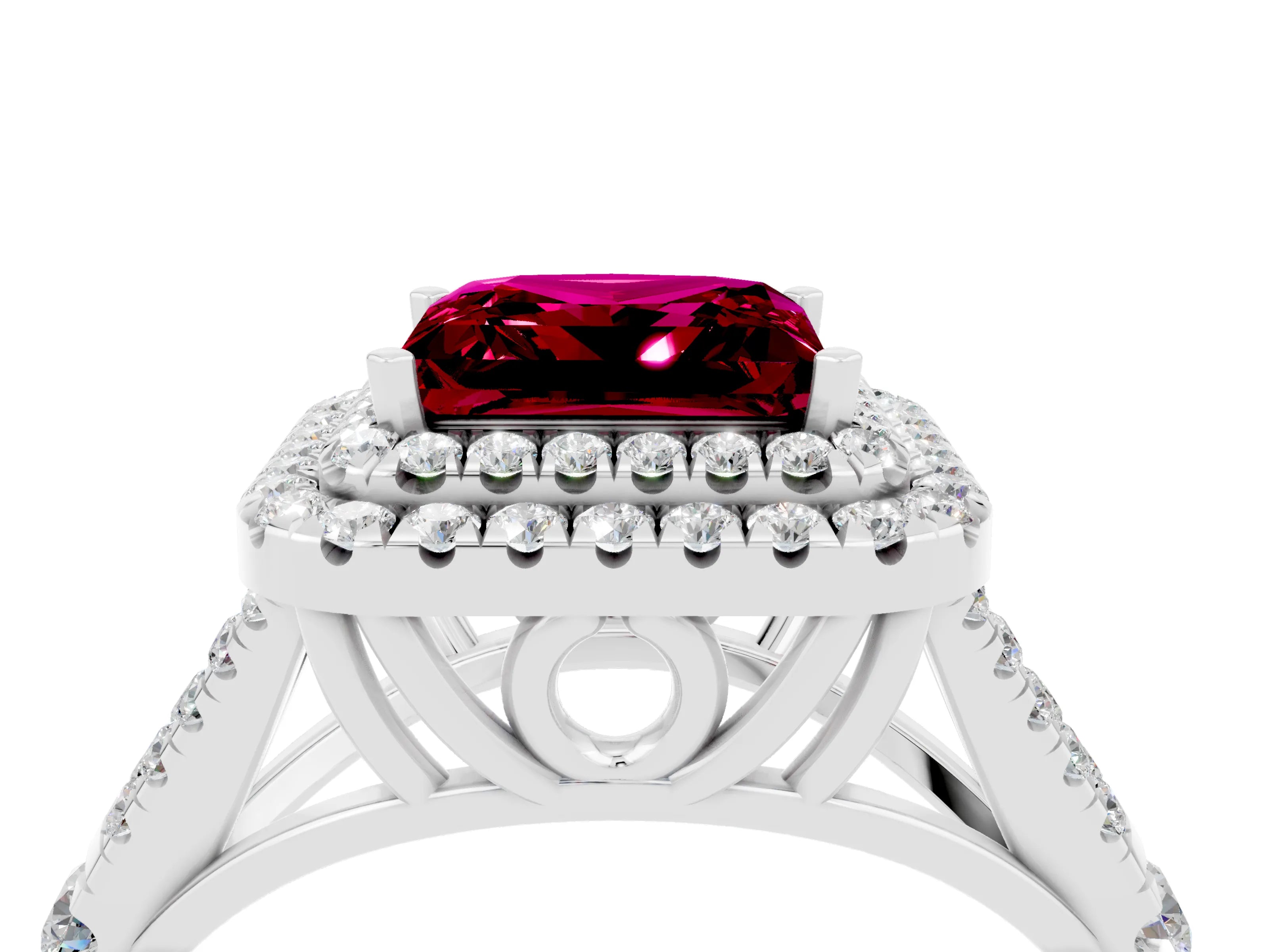 White gold Double Halo Princess Cut Garnet Split Shank Engagement Ring with Four-Prong Setting_4