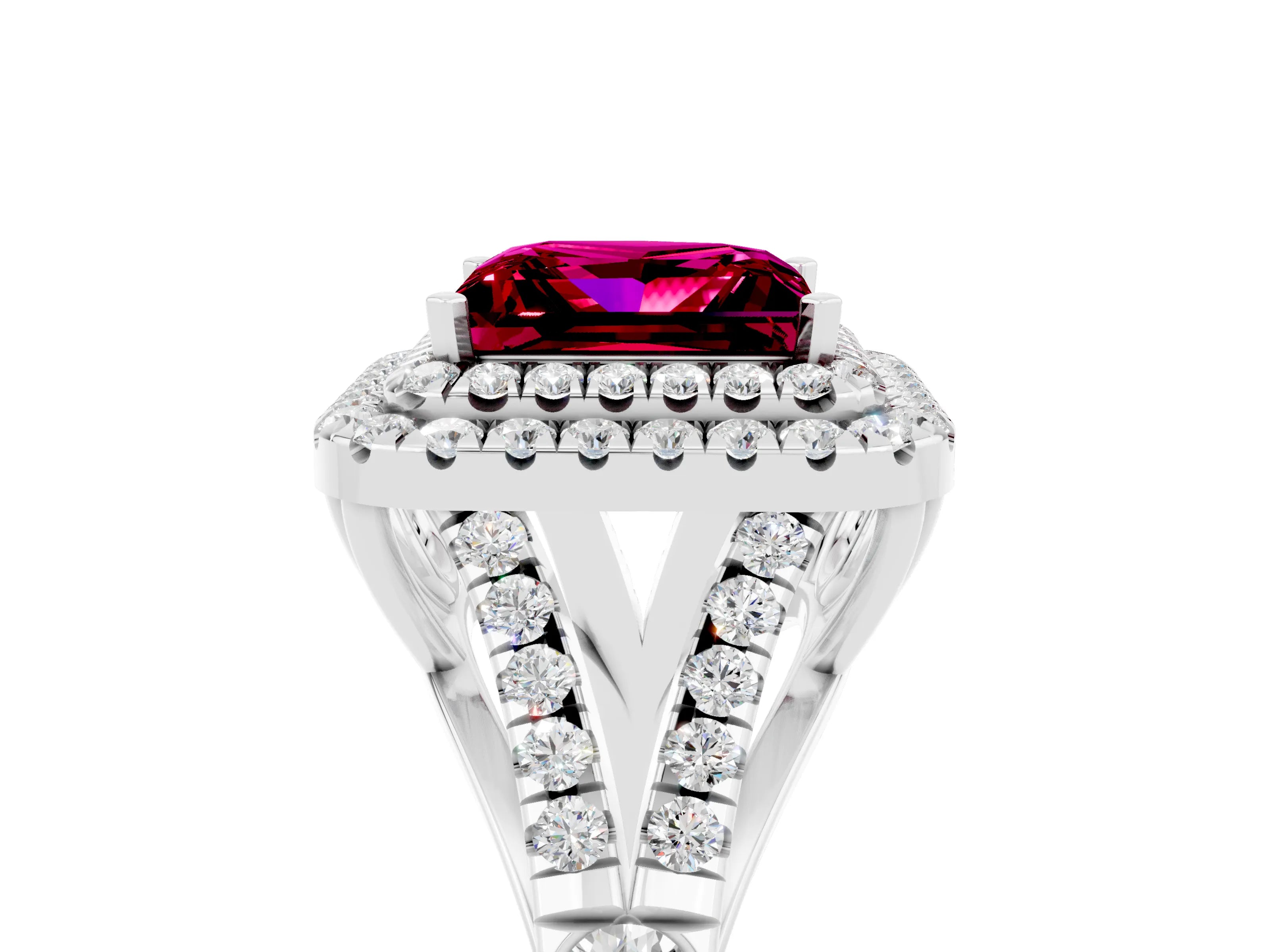 White gold Double Halo Princess Cut Garnet Split Shank Engagement Ring with Four-Prong Setting_5