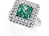 White gold Double Halo Princess Cut Green Sapphire Pavé Band with Four-Prong Setting_1