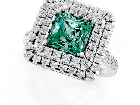 White gold Double Halo Princess Cut Green Sapphire Pavé Band with Four-Prong Setting_1