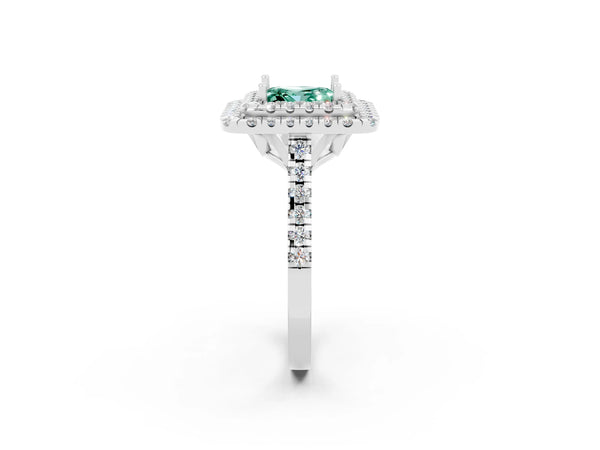 Silver Double Halo Princess Cut Green Sapphire Pavé Band with Four-Prong Setting