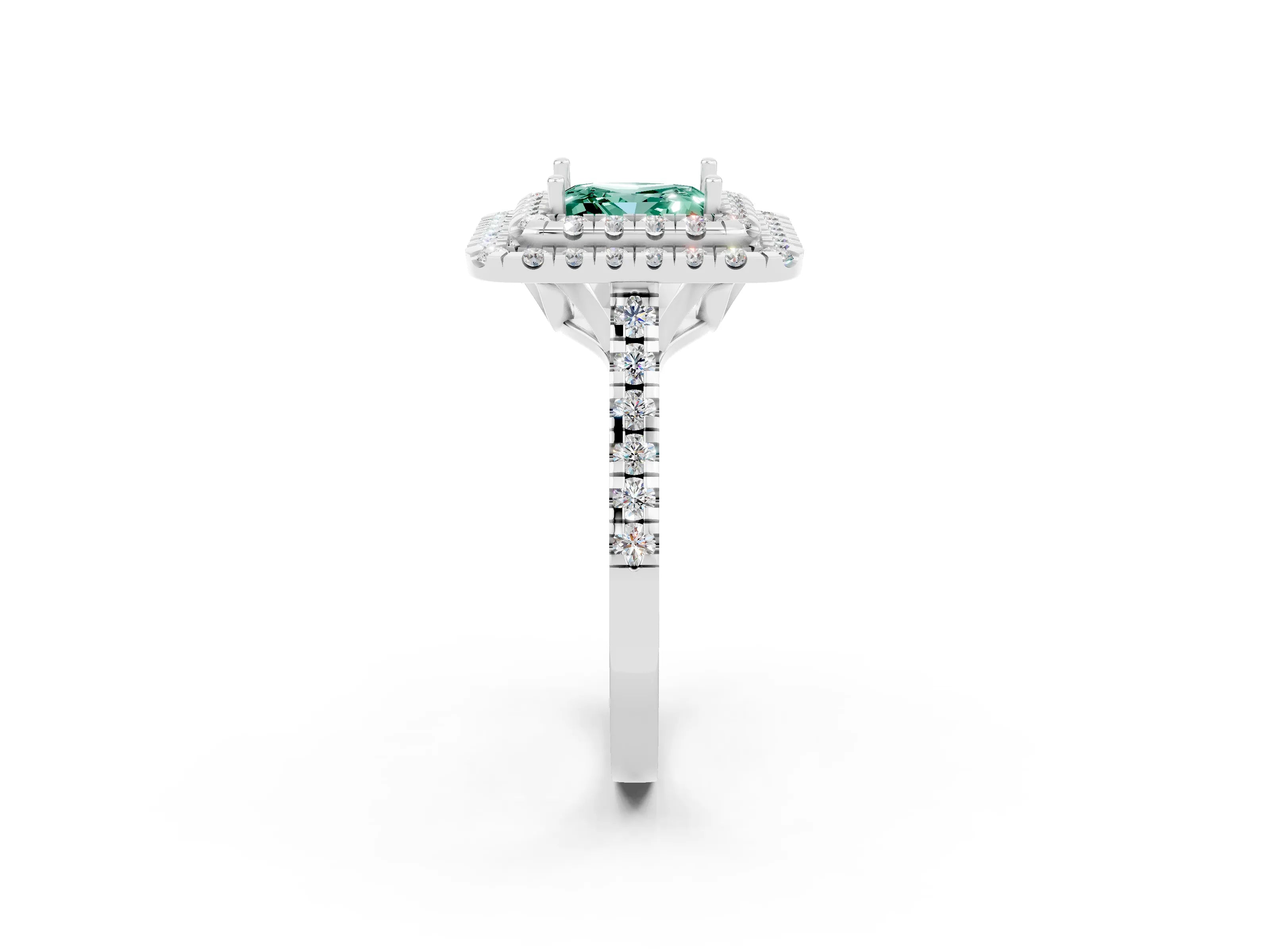 White gold Double Halo Princess Cut Green Sapphire Pavé Band with Four-Prong Setting_2
