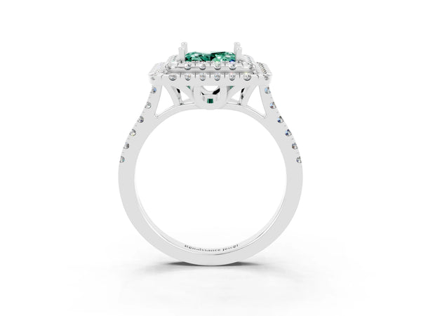 Silver Double Halo Princess Cut Green Sapphire Pavé Band with Four-Prong Setting