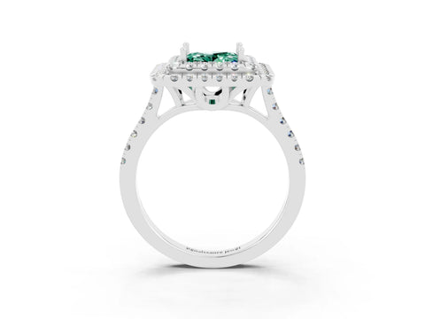 White gold Double Halo Princess Cut Green Sapphire Pavé Band with Four-Prong Setting_3