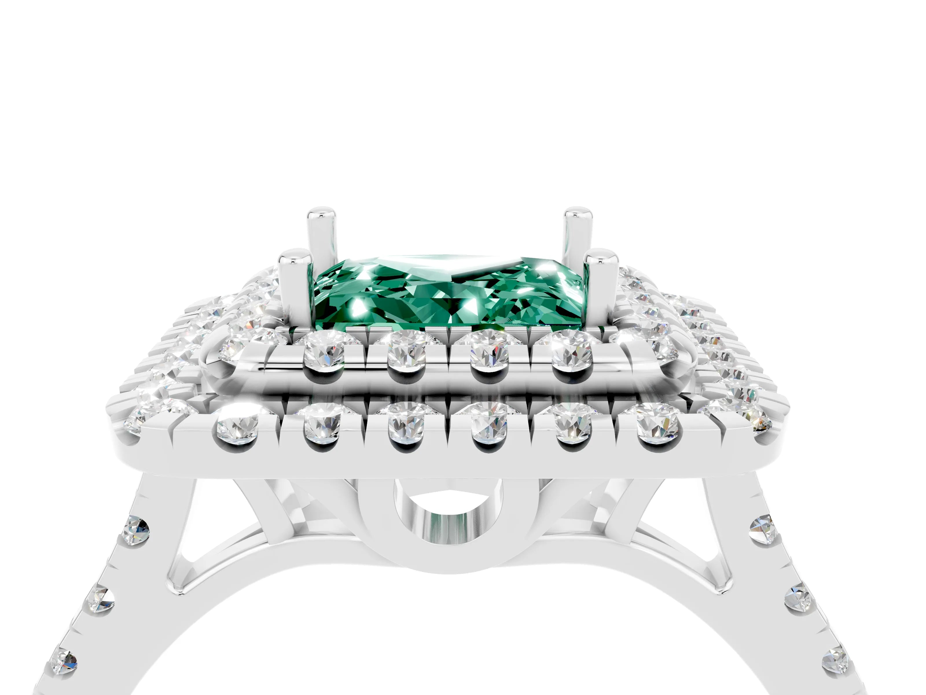 White gold Double Halo Princess Cut Green Sapphire Pavé Band with Four-Prong Setting_4