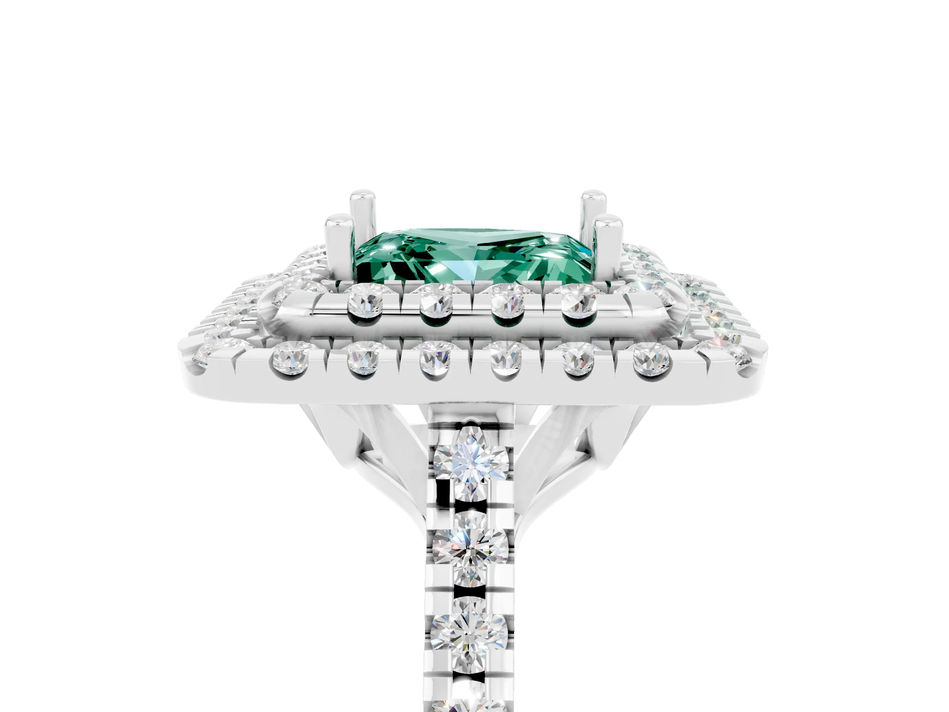 White gold Double Halo Princess Cut Green Sapphire Pavé Band with Four-Prong Setting_5