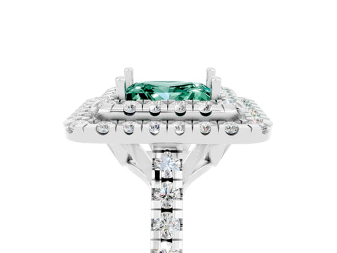 White gold Double Halo Princess Cut Green Sapphire Pavé Band with Four-Prong Setting_5