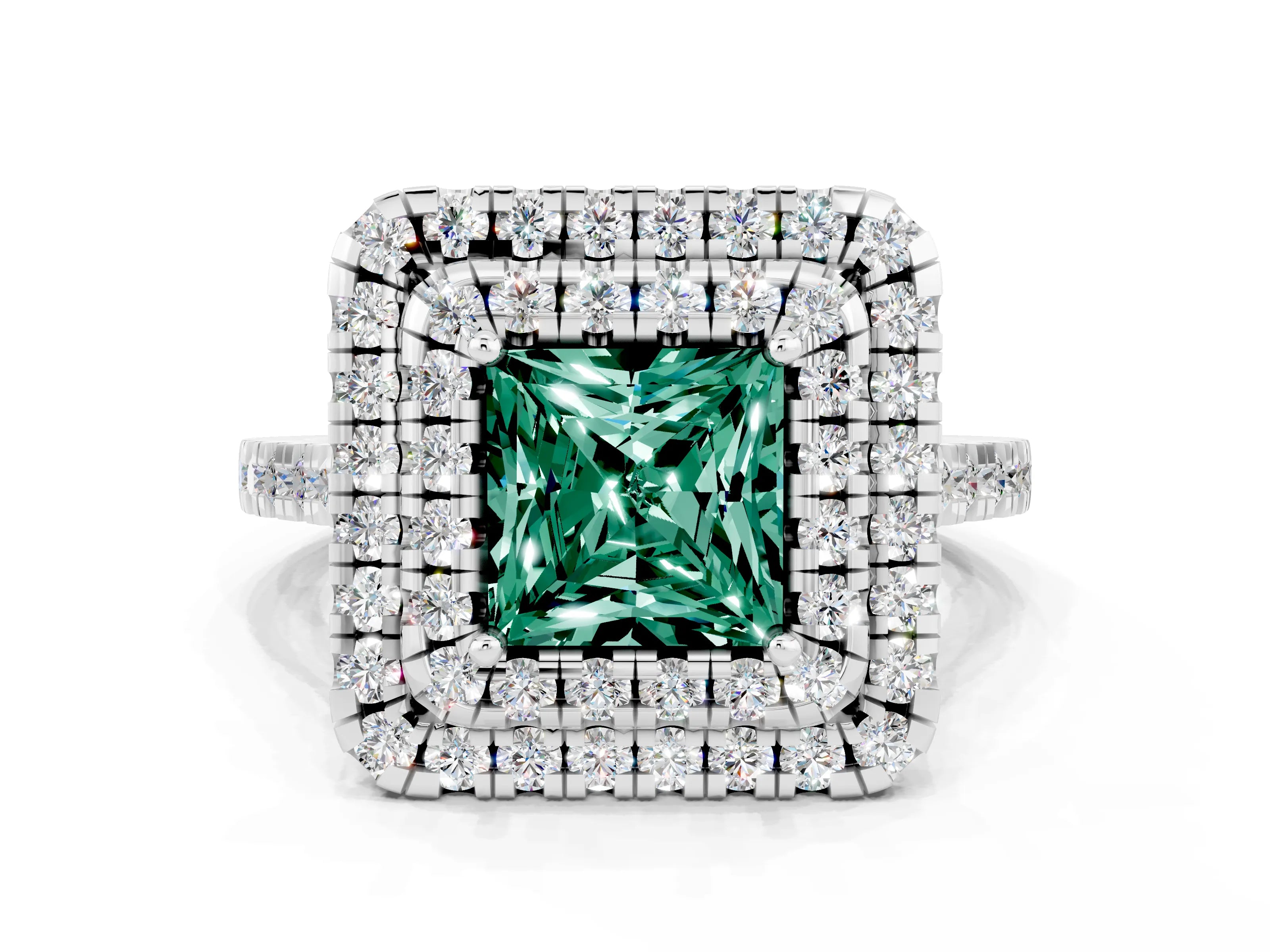 White gold Double Halo Princess Cut Green Sapphire Pavé Band with Four-Prong Setting