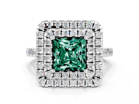 White gold Double Halo Princess Cut Green Sapphire Pavé Band with Four-Prong Setting