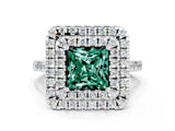 White gold Double Halo Princess Cut Green Sapphire Pavé Band with Four-Prong Setting