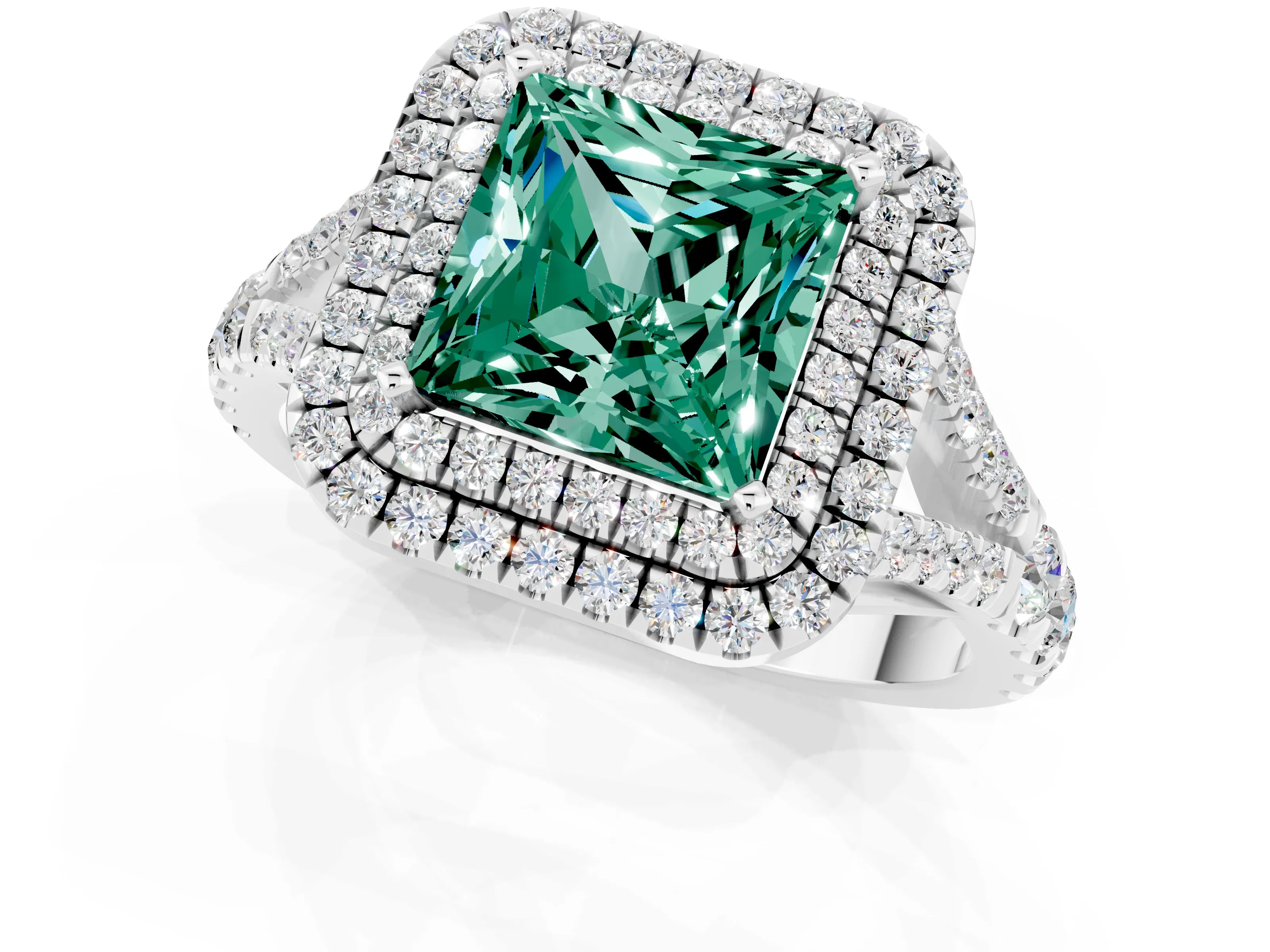 White gold Double Halo Princess Cut Green Sapphire Pavé Split Shank Ring with Prong Setting_1