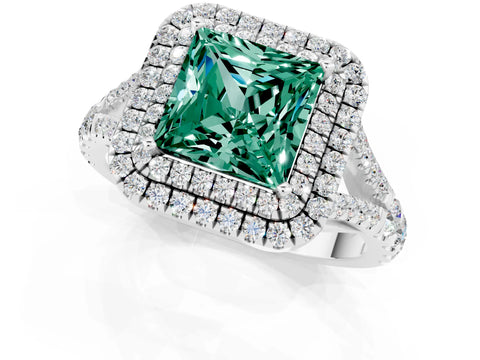 White gold Double Halo Princess Cut Green Sapphire Pavé Split Shank Ring with Prong Setting_1