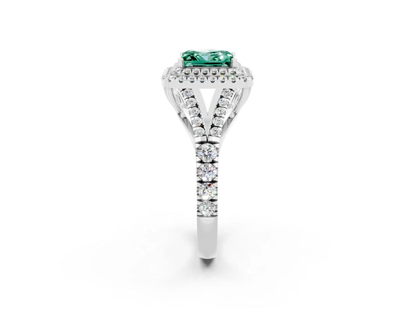 White gold Double Halo Princess Cut Green Sapphire Pavé Split Shank Ring with Prong Setting