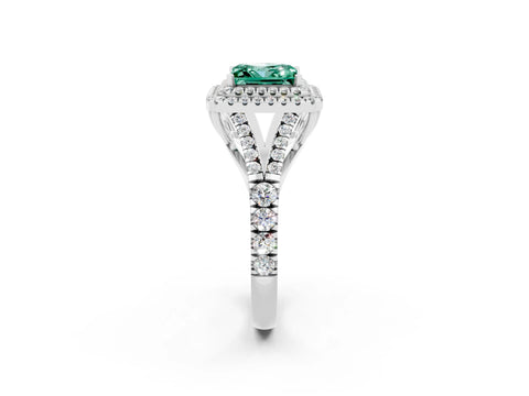 White gold Double Halo Princess Cut Green Sapphire Pavé Split Shank Ring with Prong Setting_2