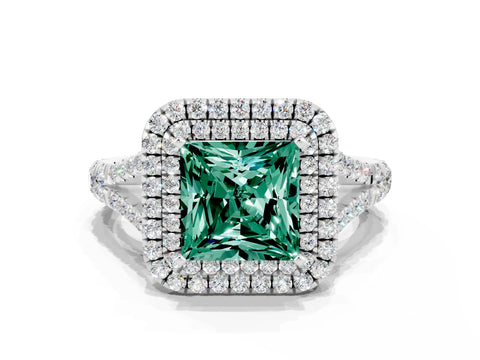 White gold Double Halo Princess Cut Green Sapphire Pavé Split Shank Ring with Prong Setting