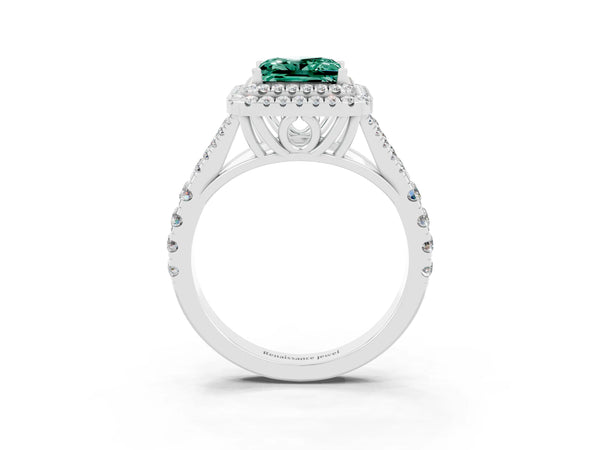 Silver Double Halo Princess Cut Green Sapphire Pavé Split Shank Ring with Prong Setting