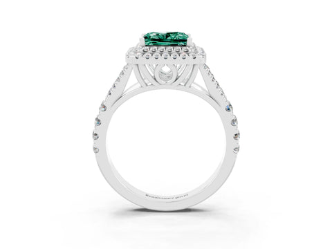 White gold Double Halo Princess Cut Green Sapphire Pavé Split Shank Ring with Prong Setting_3
