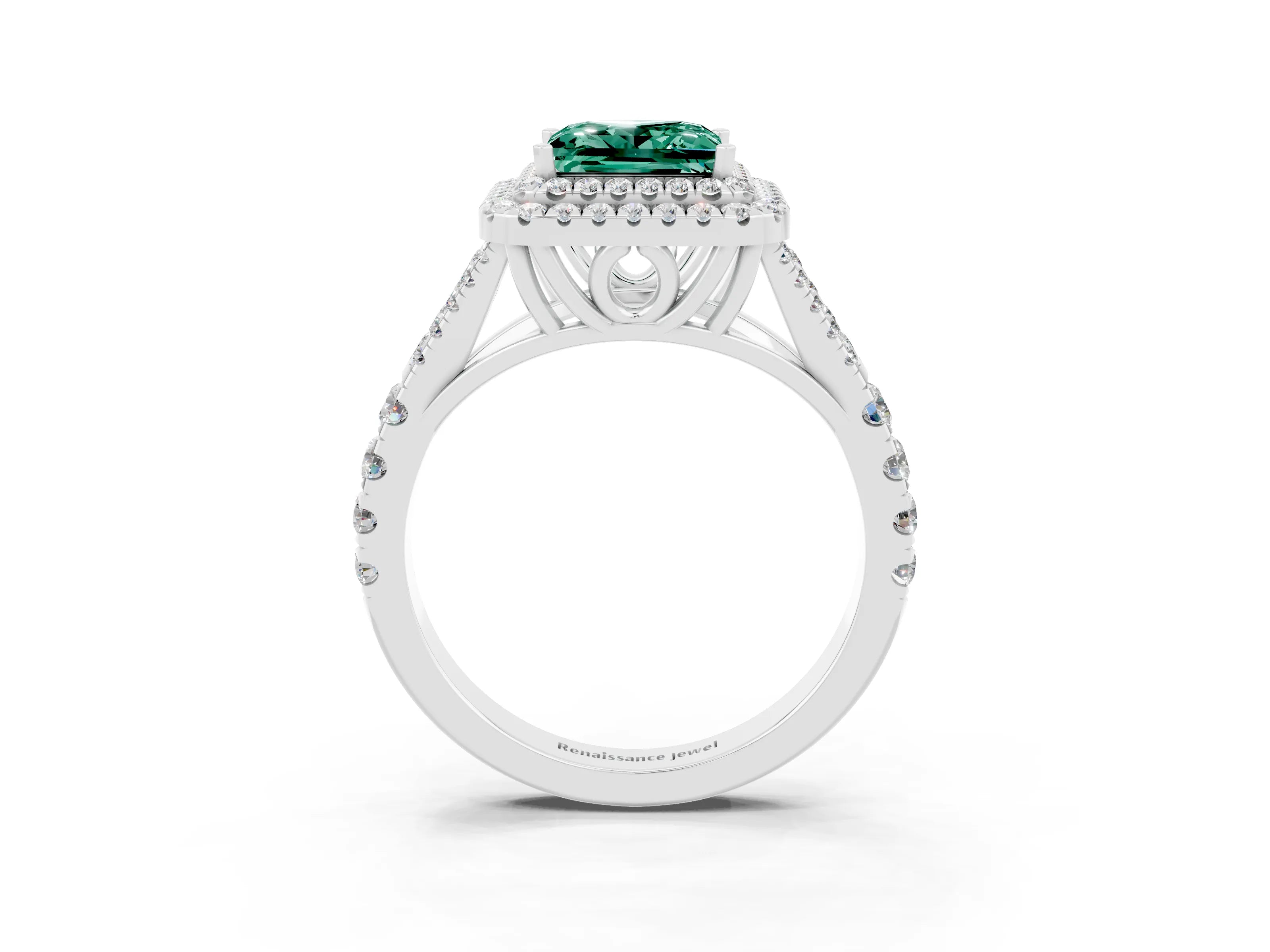 White gold Double Halo Princess Cut Green Sapphire Pavé Split Shank Ring with Prong Setting_3