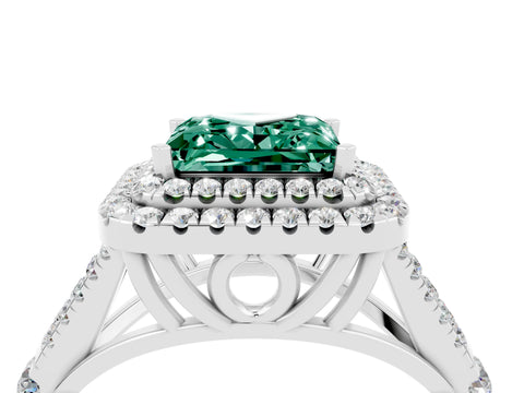 White gold Double Halo Princess Cut Green Sapphire Pavé Split Shank Ring with Prong Setting_4