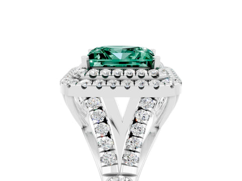 White gold Double Halo Princess Cut Green Sapphire Pavé Split Shank Ring with Prong Setting_5
