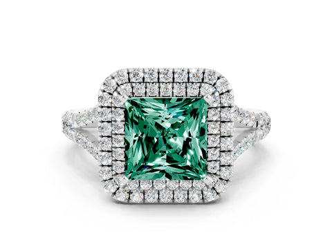 White gold Double Halo Princess Cut Green Sapphire Split Shank Engagement Ring with Four-Prong Setting