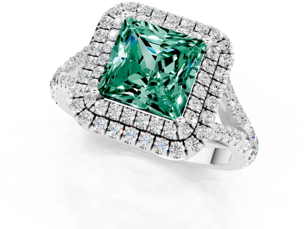 Silver Double Halo Princess Cut Green Sapphire Split Shank Engagement Ring with Four-Prong Setting