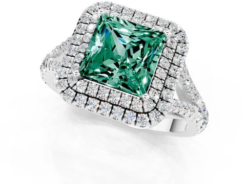 White gold Double Halo Princess Cut Green Sapphire Split Shank Engagement Ring with Four-Prong Setting_1