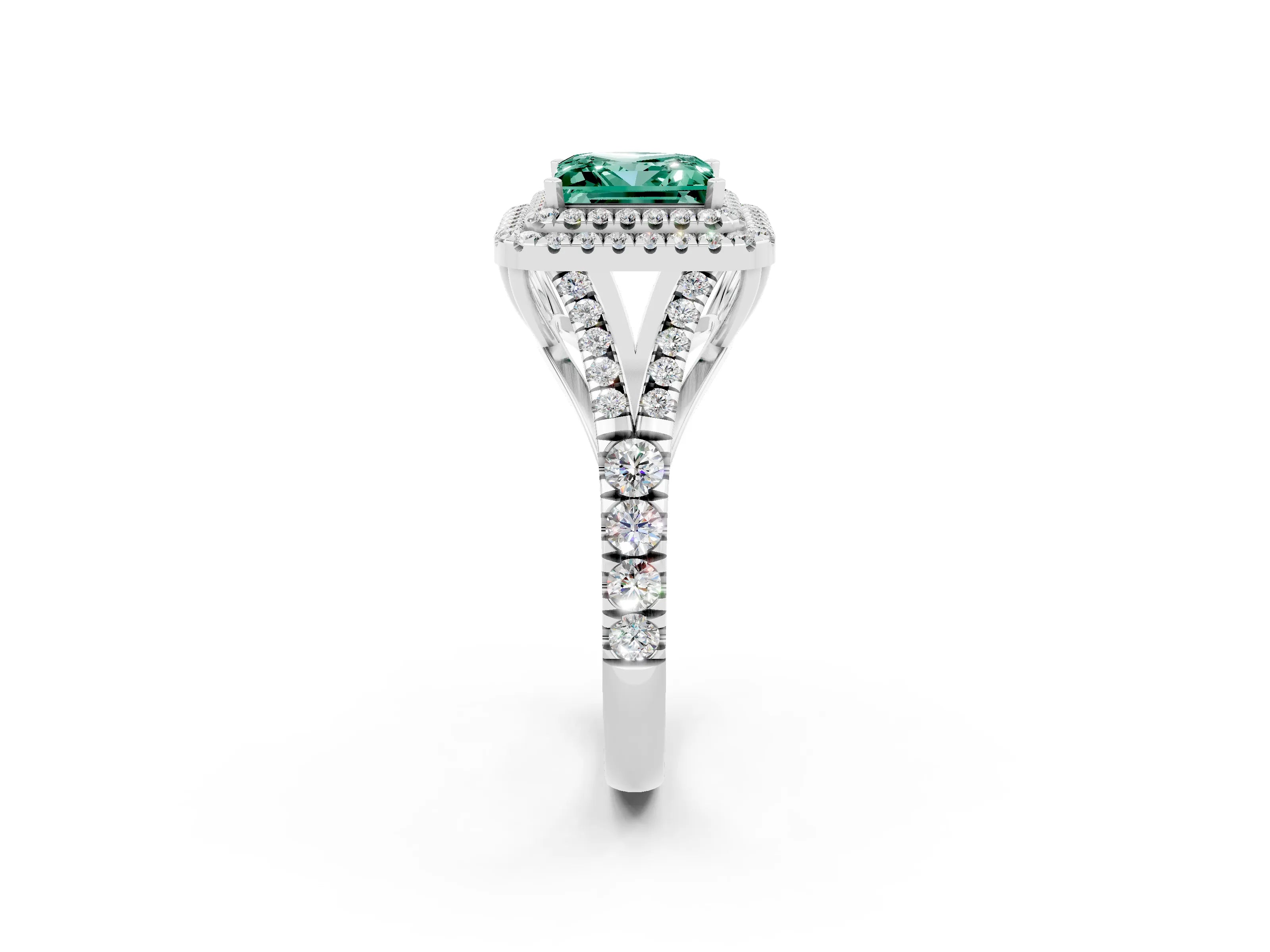 White gold Double Halo Princess Cut Green Sapphire Split Shank Engagement Ring with Four-Prong Setting_2
