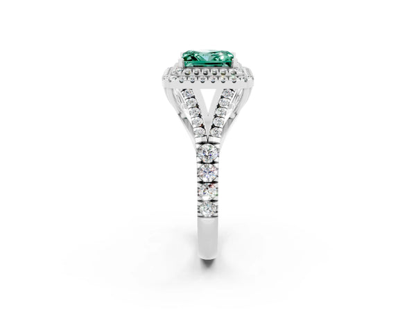 Platinum Double Halo Princess Cut Green Sapphire Split Shank Engagement Ring with Four-Prong Setting