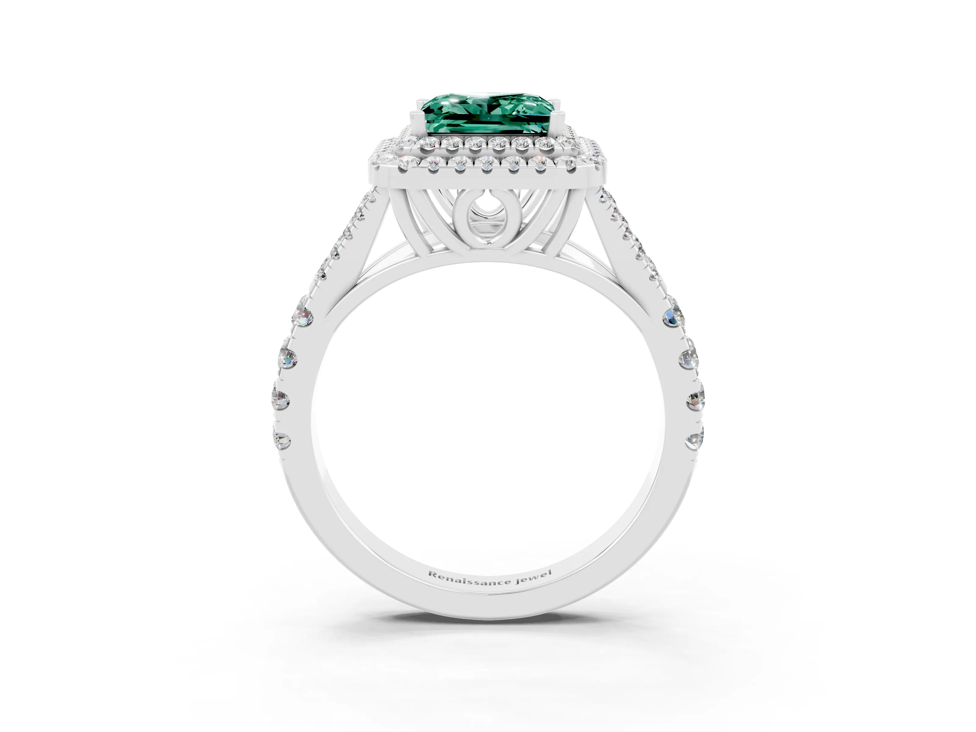 White gold Double Halo Princess Cut Green Sapphire Split Shank Engagement Ring with Four-Prong Setting_3