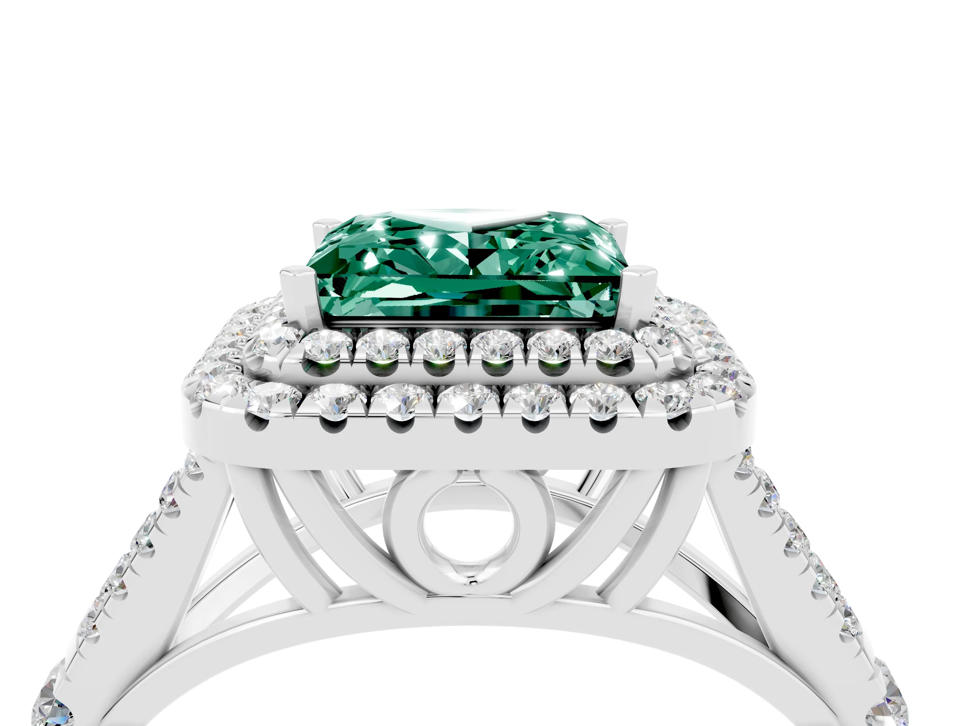 White gold Double Halo Princess Cut Green Sapphire Split Shank Engagement Ring with Four-Prong Setting_4
