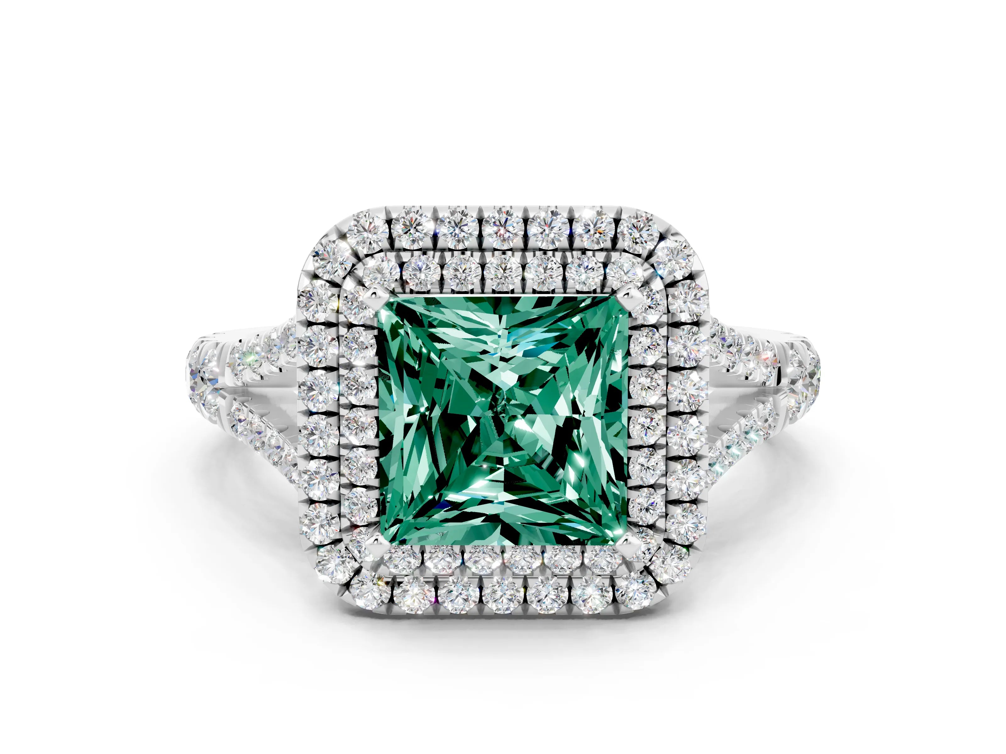 White gold Double Halo Princess Cut Green Sapphire Split Shank Engagement Ring with Four-Prong Setting