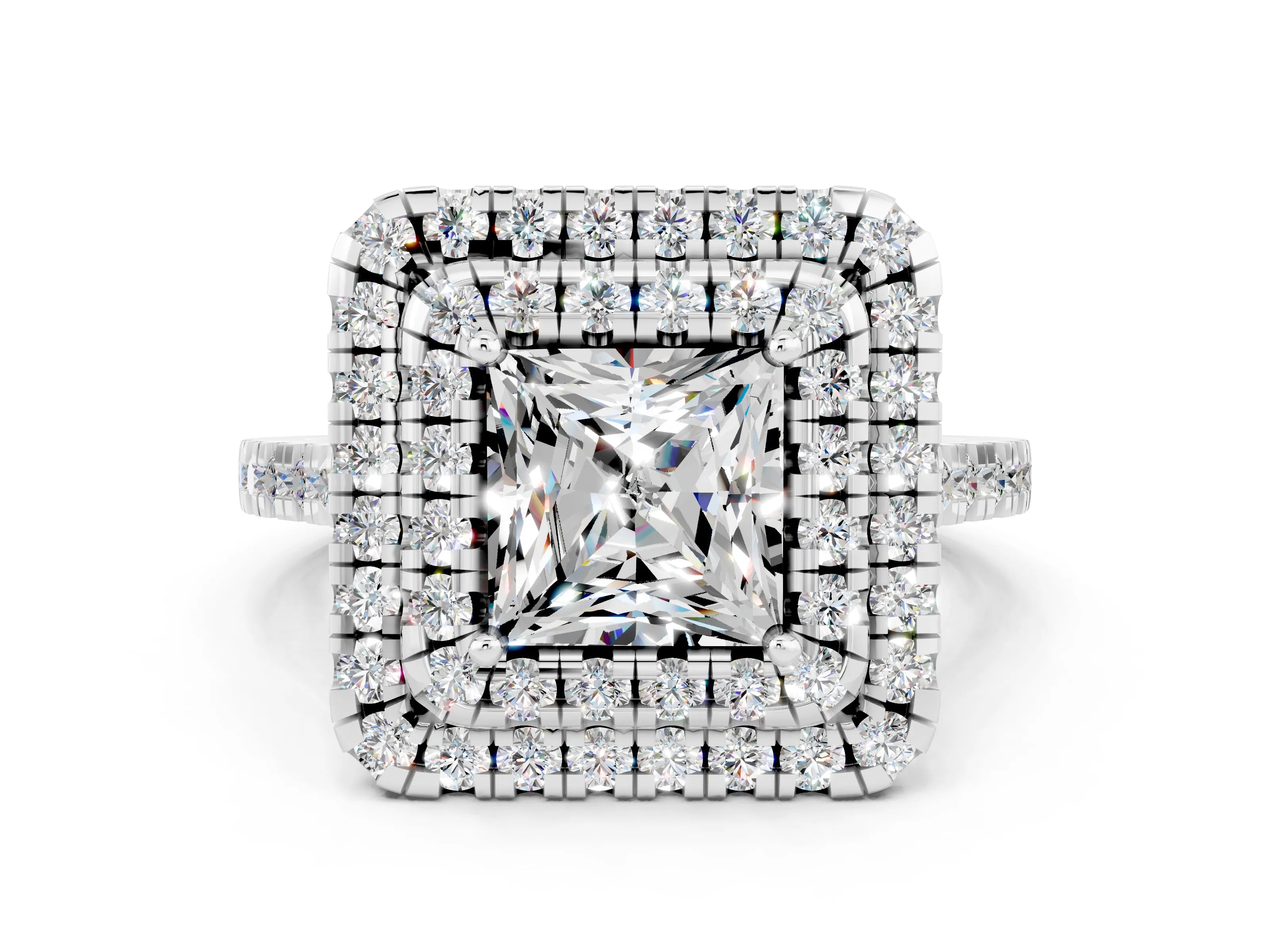 White gold Double Halo Princess Cut Moissanite Pavé Band with Four-Prong Setting