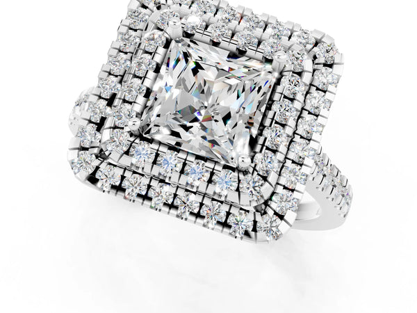 Platinum Double Halo Princess Cut Moissanite Pavé Band with Four-Prong Setting