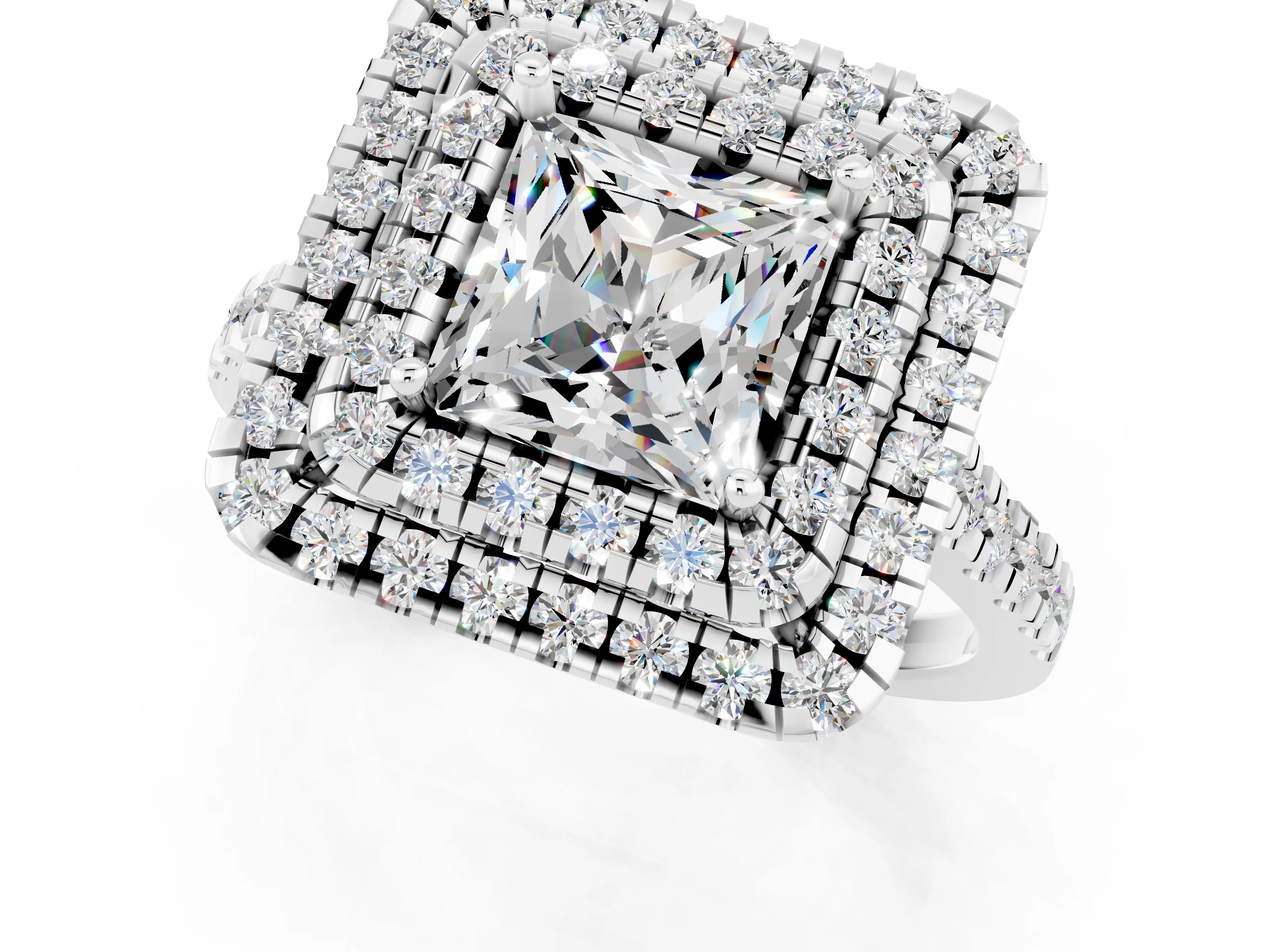 White gold Double Halo Princess Cut Moissanite Pavé Band with Four-Prong Setting_1