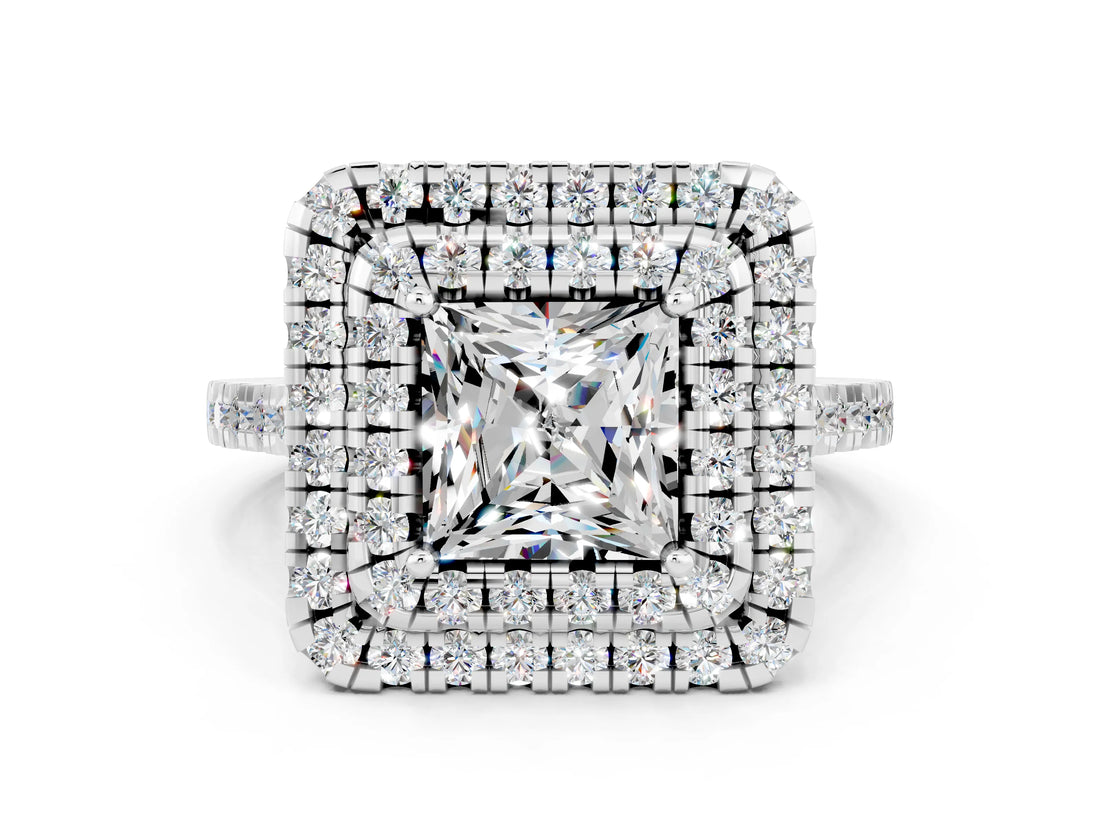 White gold Double Halo Princess Cut Moissanite Pavé Band with Four-Prong Setting