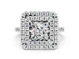 White gold Double Halo Princess Cut Moissanite Pavé Band with Four-Prong Setting