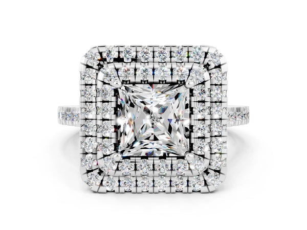 Silver Double Halo Princess Cut Moissanite Pavé Band with Four-Prong Setting