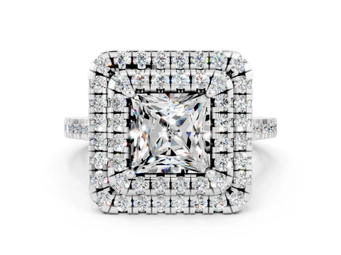 White gold Double Halo Princess Cut Moissanite Pavé Band with Four-Prong Setting