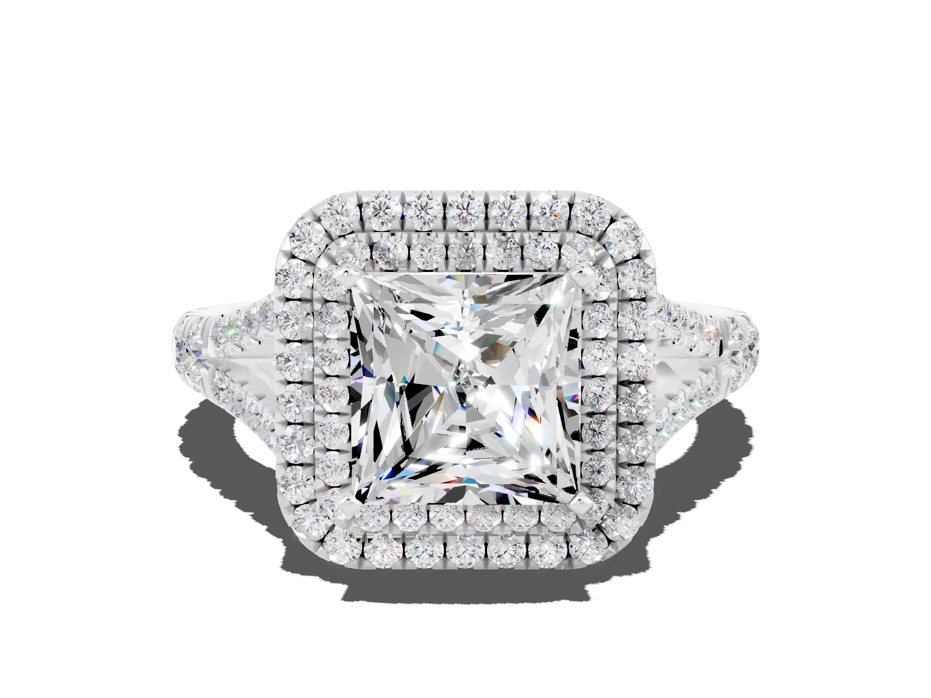 White gold Double Halo Princess Cut Moissanite Pavé Split Shank Ring with Prong Setting