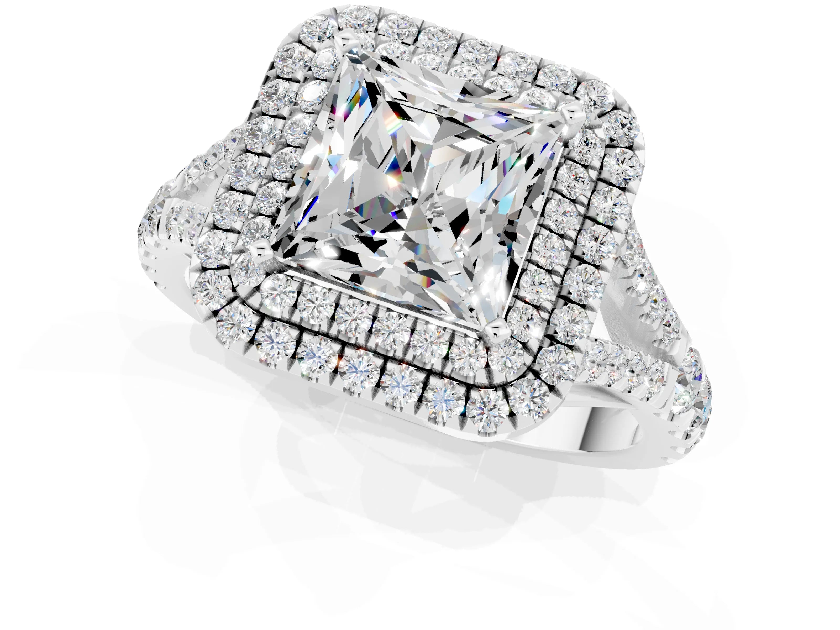 White gold Double Halo Princess Cut Moissanite Pavé Split Shank Ring with Prong Setting_1