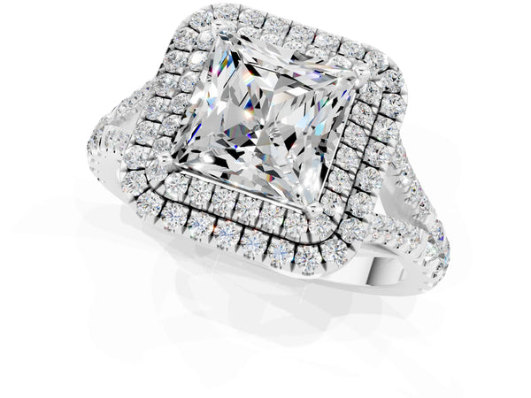Platinum Double Halo Princess Cut Moissanite Pavé Split Shank Ring with Prong Setting