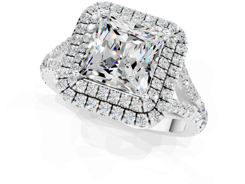 White gold Double Halo Princess Cut Moissanite Pavé Split Shank Ring with Prong Setting_1