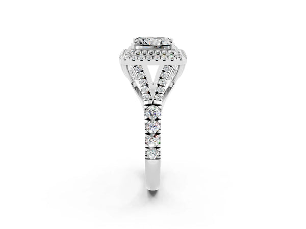 Silver Double Halo Princess Cut Moissanite Pavé Split Shank Ring with Prong Setting