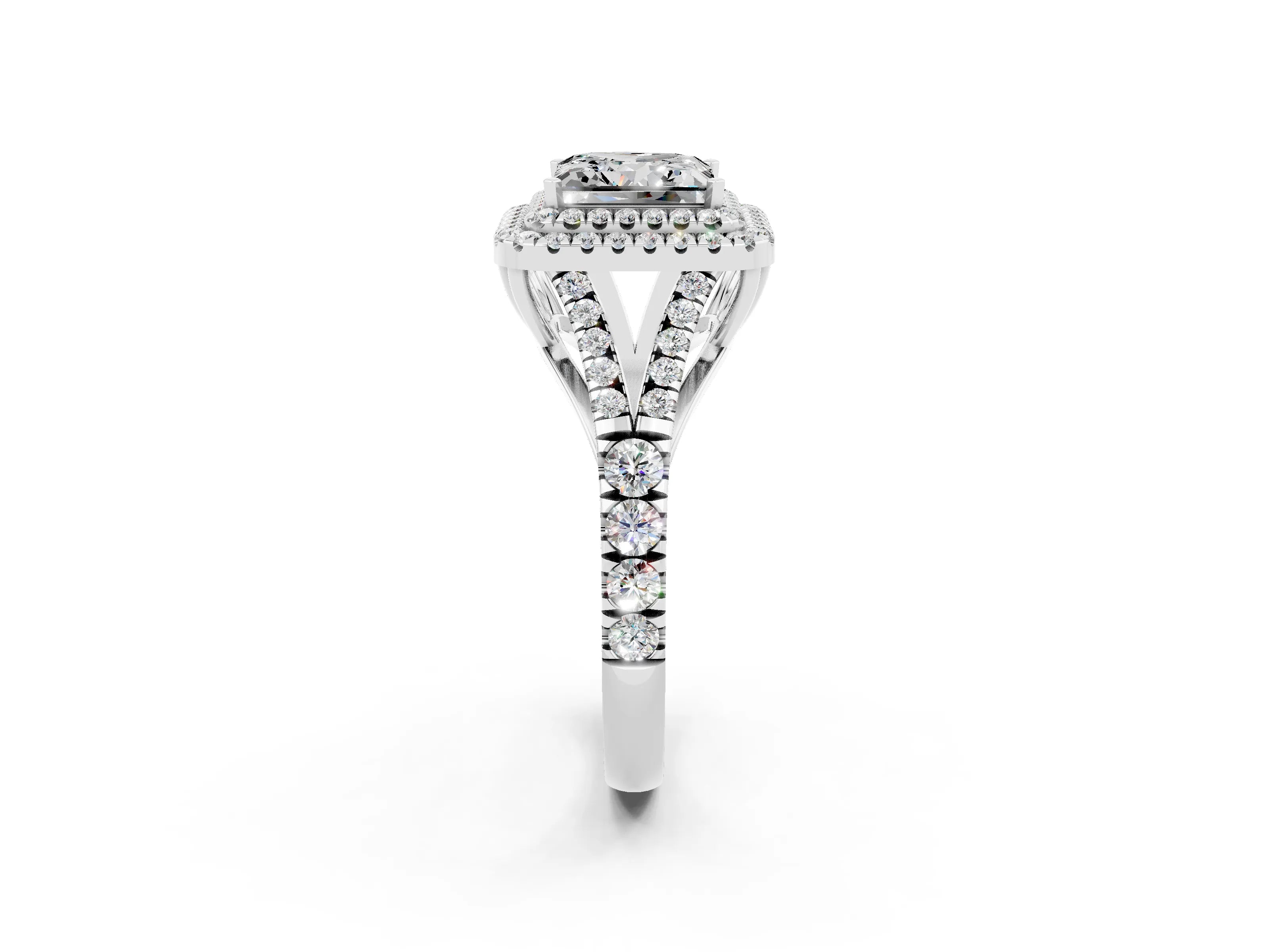 White gold Double Halo Princess Cut Moissanite Pavé Split Shank Ring with Prong Setting_2