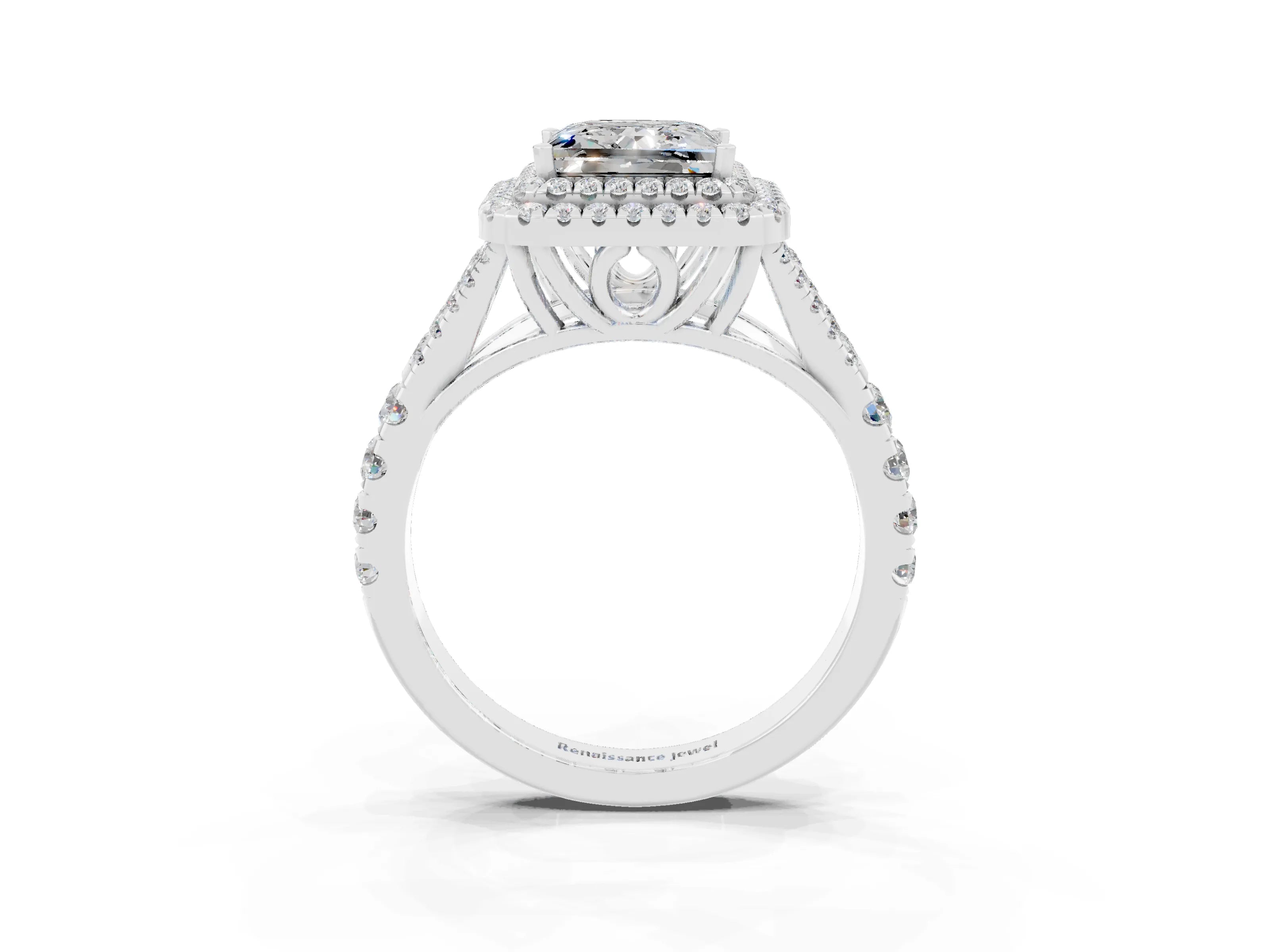 White gold Double Halo Princess Cut Moissanite Pavé Split Shank Ring with Prong Setting_3