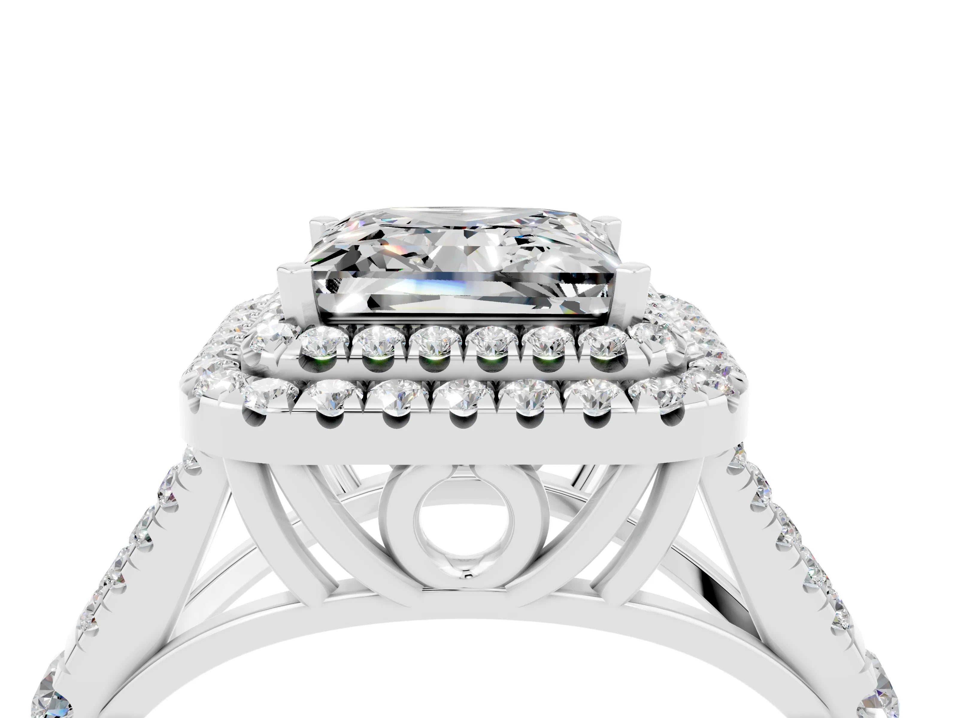 White gold Double Halo Princess Cut Moissanite Pavé Split Shank Ring with Prong Setting_4