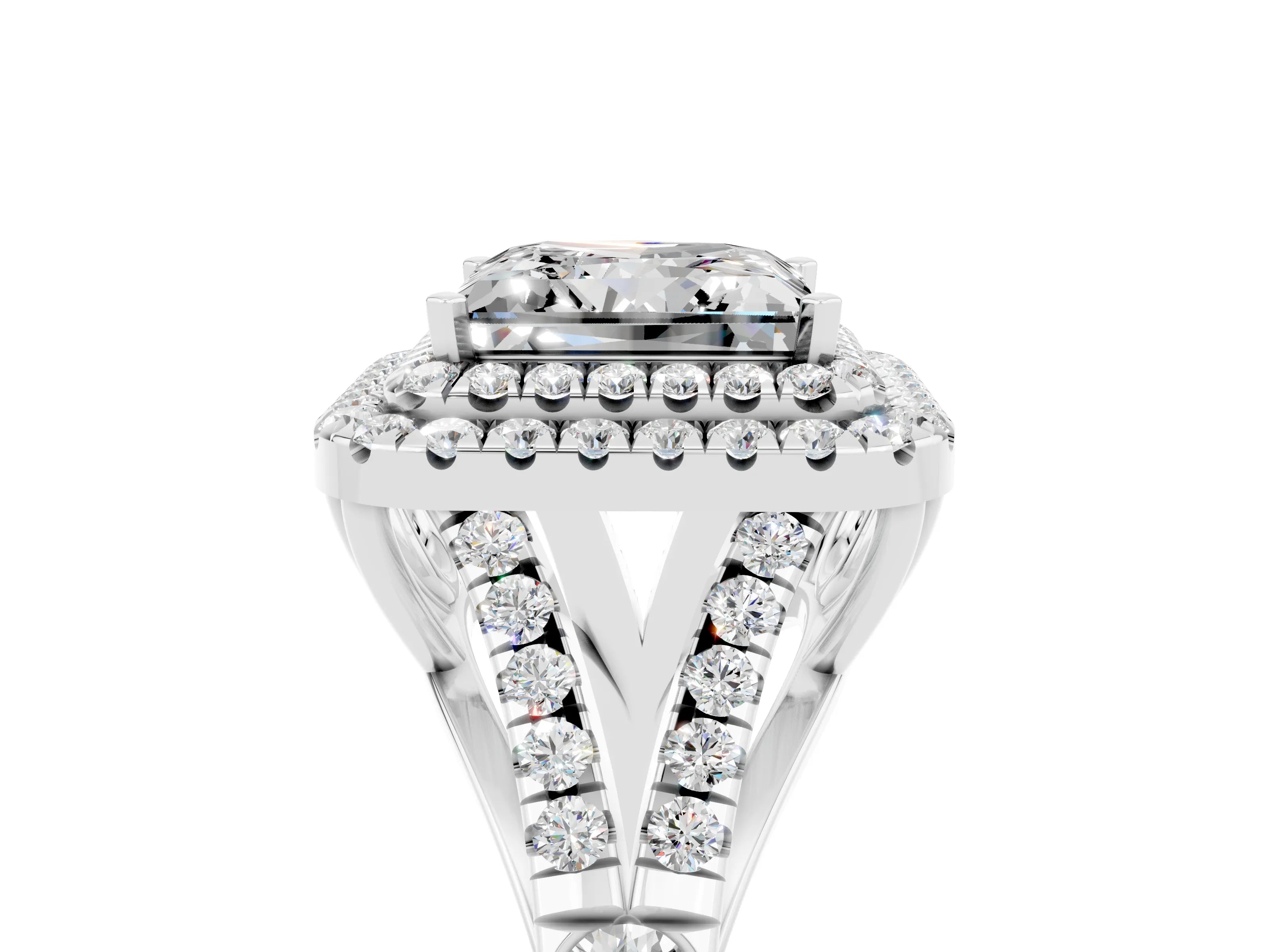 White gold Double Halo Princess Cut Moissanite Pavé Split Shank Ring with Prong Setting_5