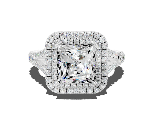 Silver Double Halo Princess Cut Moissanite Pavé Split Shank Ring with Prong Setting