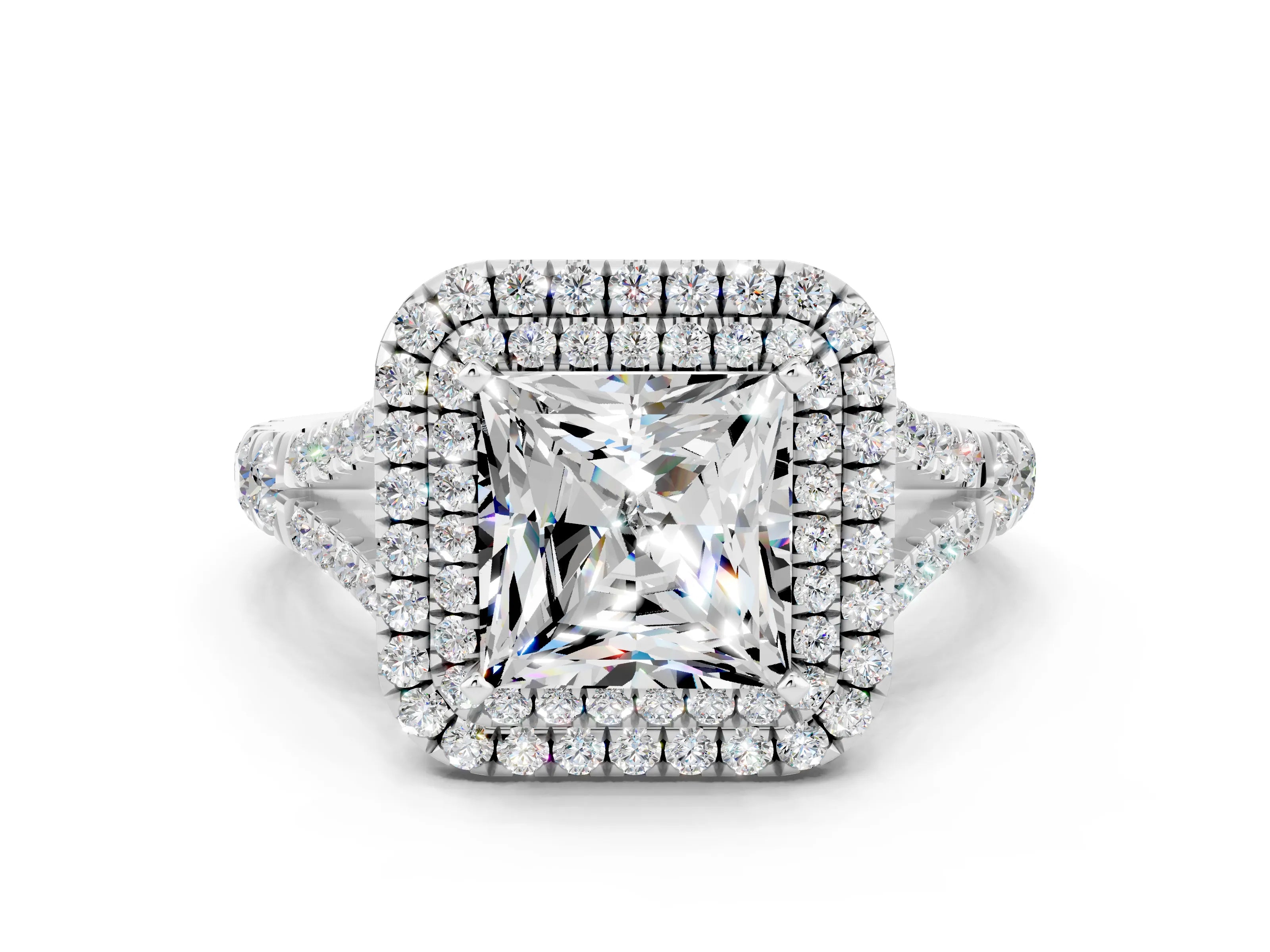 White gold Double Halo Princess Cut Moissanite Split Shank Engagement Ring with Four-Prong Setting